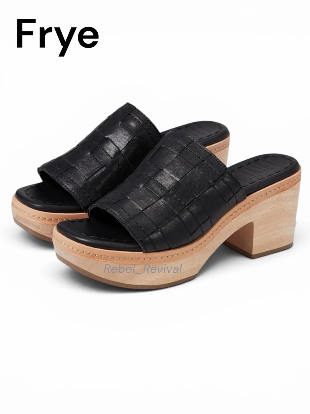 Frye Hazel Woven Slide Sandals Black Leather Wooden Mule Clog Boho New Size 9